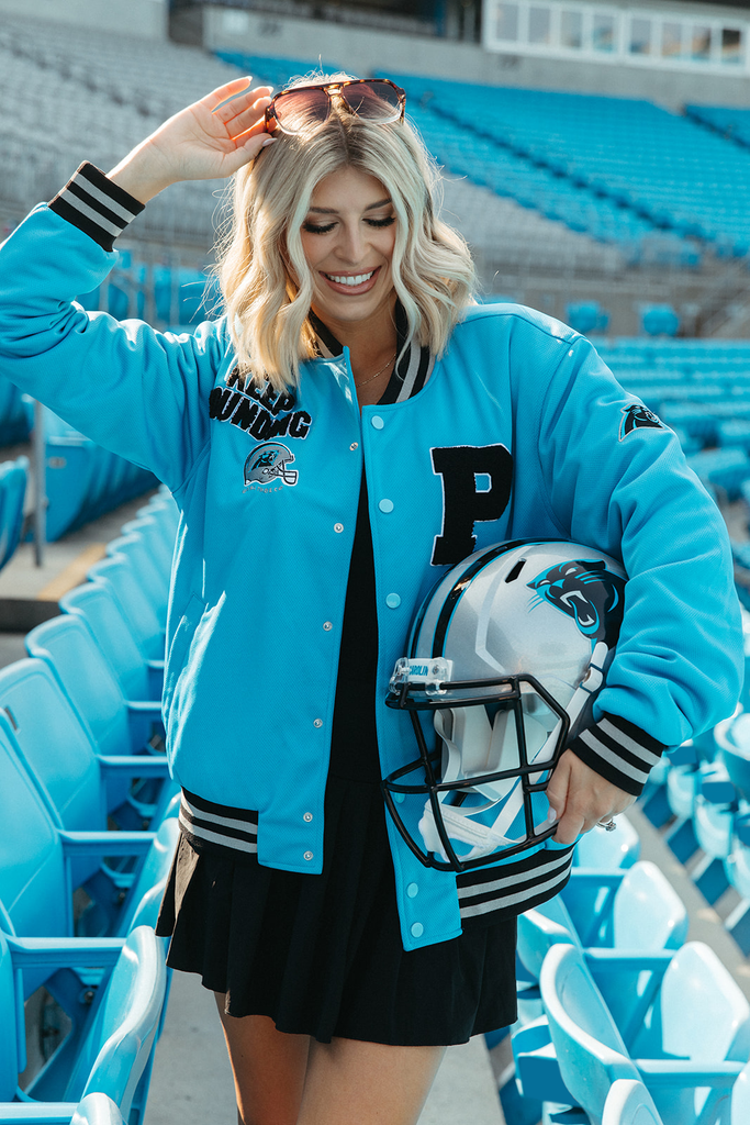 Carolina Panthers Varsity Bomber Jacket - Carolina Panthers x Girl Tribe Co.