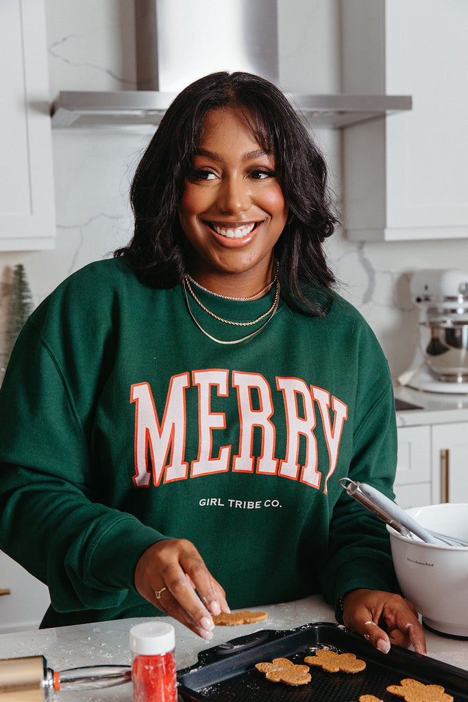 Merry Sweatshirt In Bottle Green - Girl Tribe Co. Holiday Collection