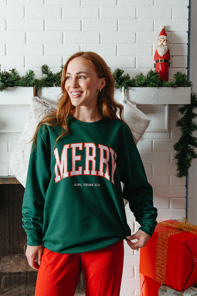 Merry Sweatshirt In Bottle Green - Girl Tribe Co. Holiday Collection