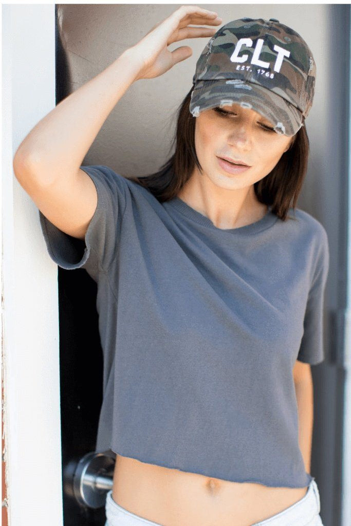 Charlotte Collection - CLT Distressed Camo Hat White Stitch - Girl Tribe Co.