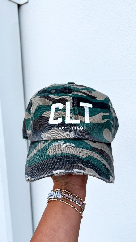 Charlotte Collection - CLT Distressed Camo Hat White Stitch - Girl Tribe Co.